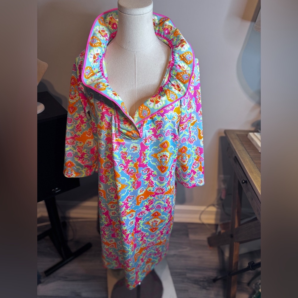 Gretchen Scott Designs Orange and Pink Cowl Neck Midi Dress